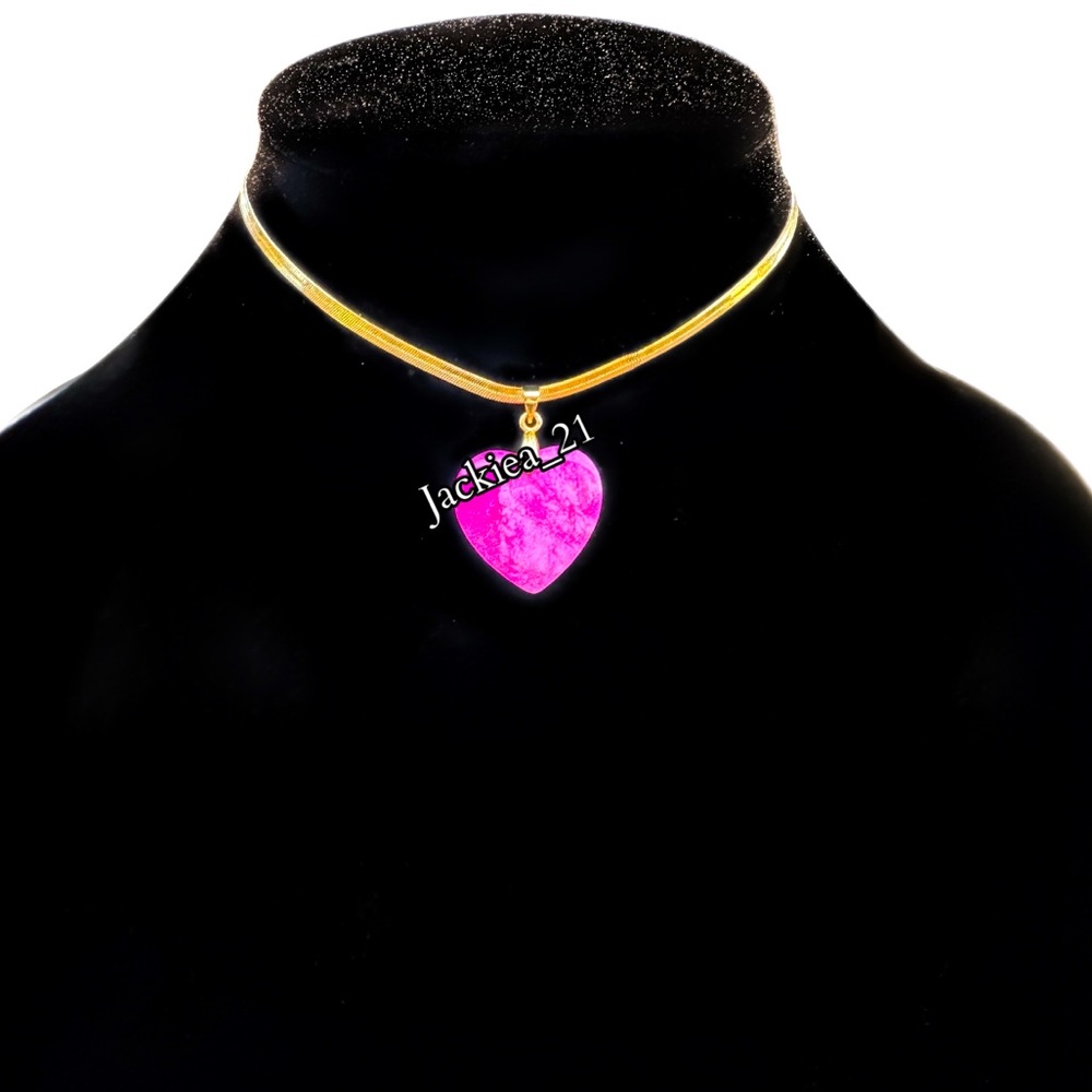 💙❤️ .925 Sterling silver and gold plated. Choker with Pink Jade Heart Pendant - Picture 2 of 6
